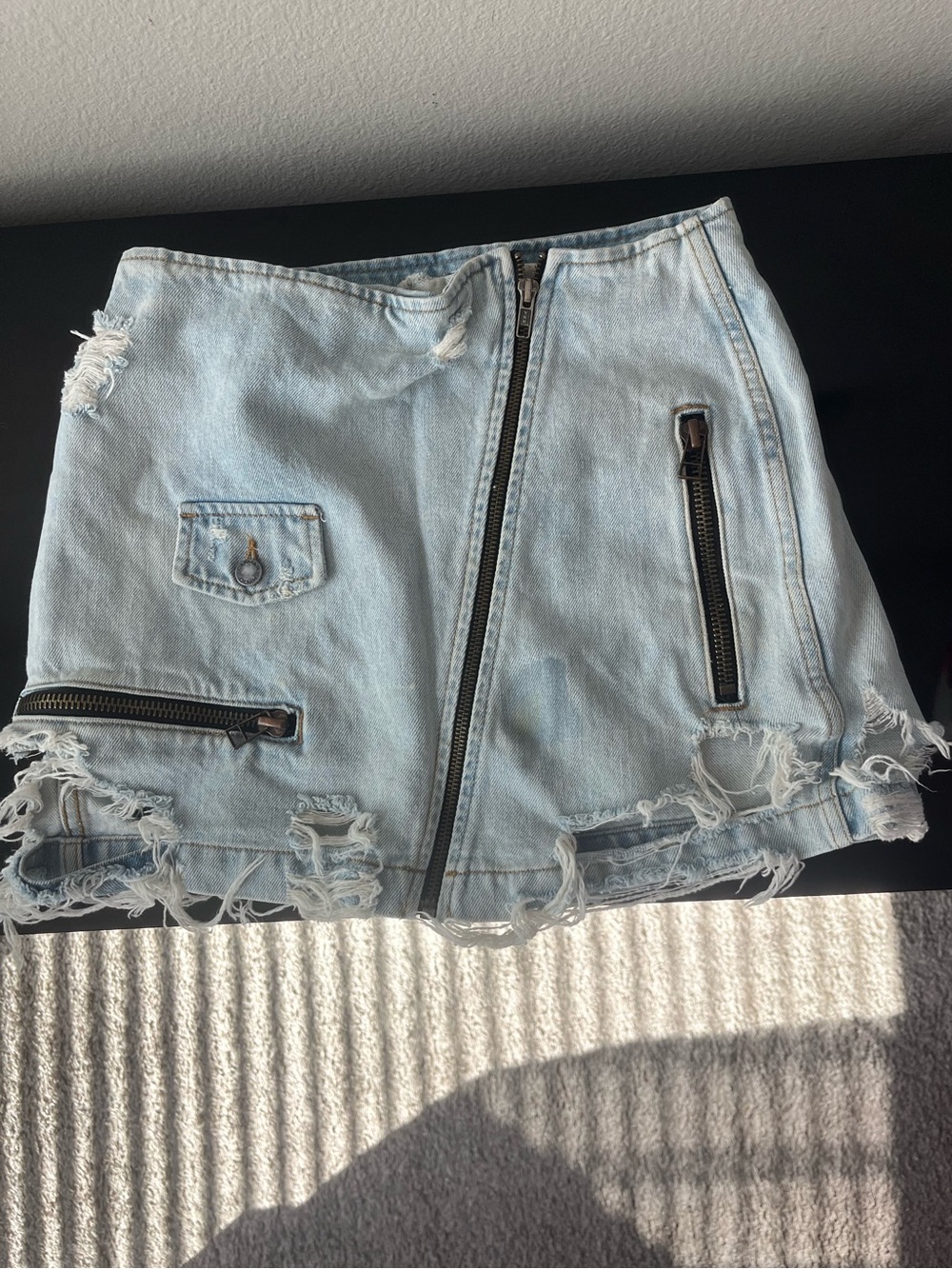 Carmar Light Blue Distressed Denim Mini Skirt with Front Zip